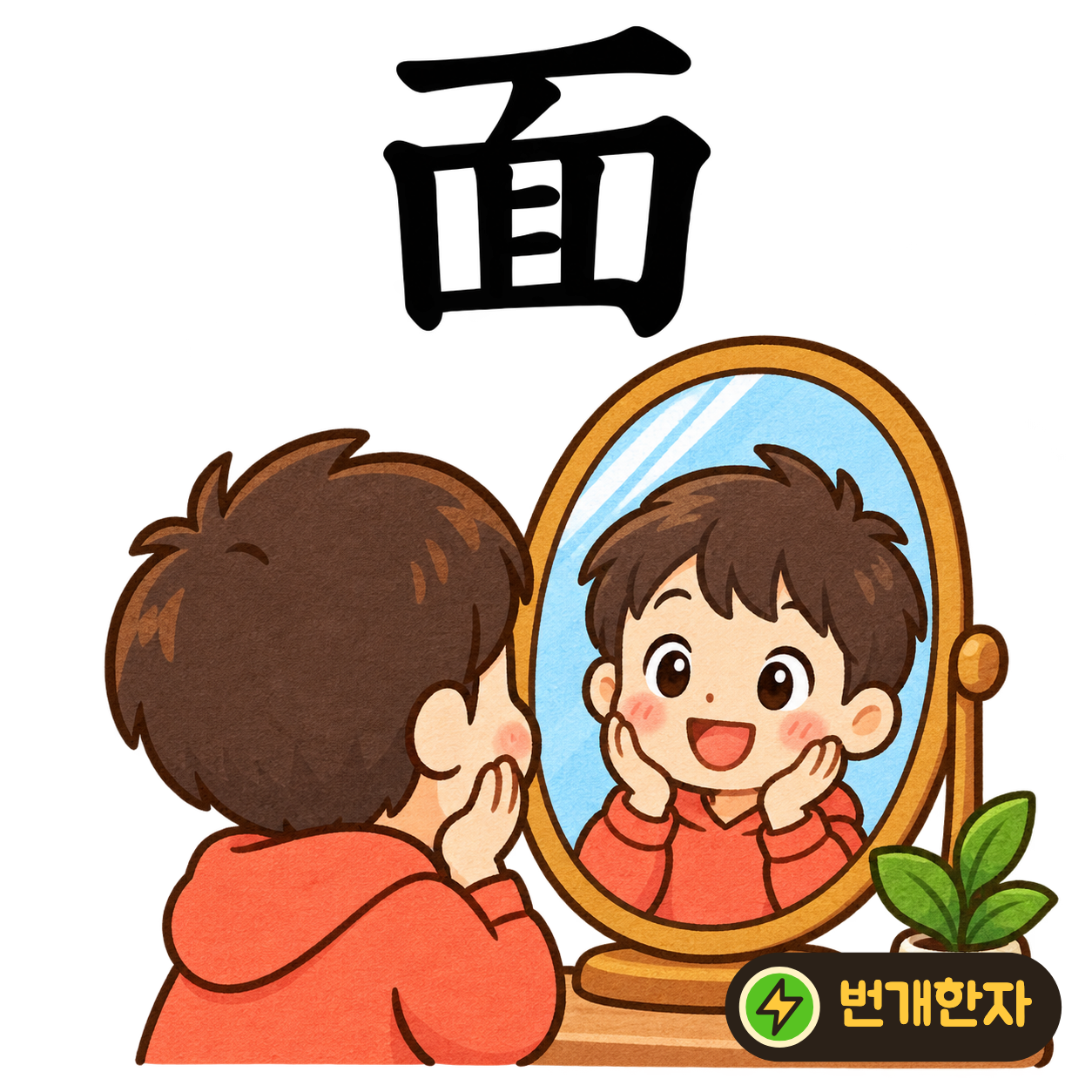 面: 큰 테두리 안에 눈 目 같은 획들이 있어요. 얼굴의 테두리와 그 안의 눈을 떠올려요. (기억 그림)