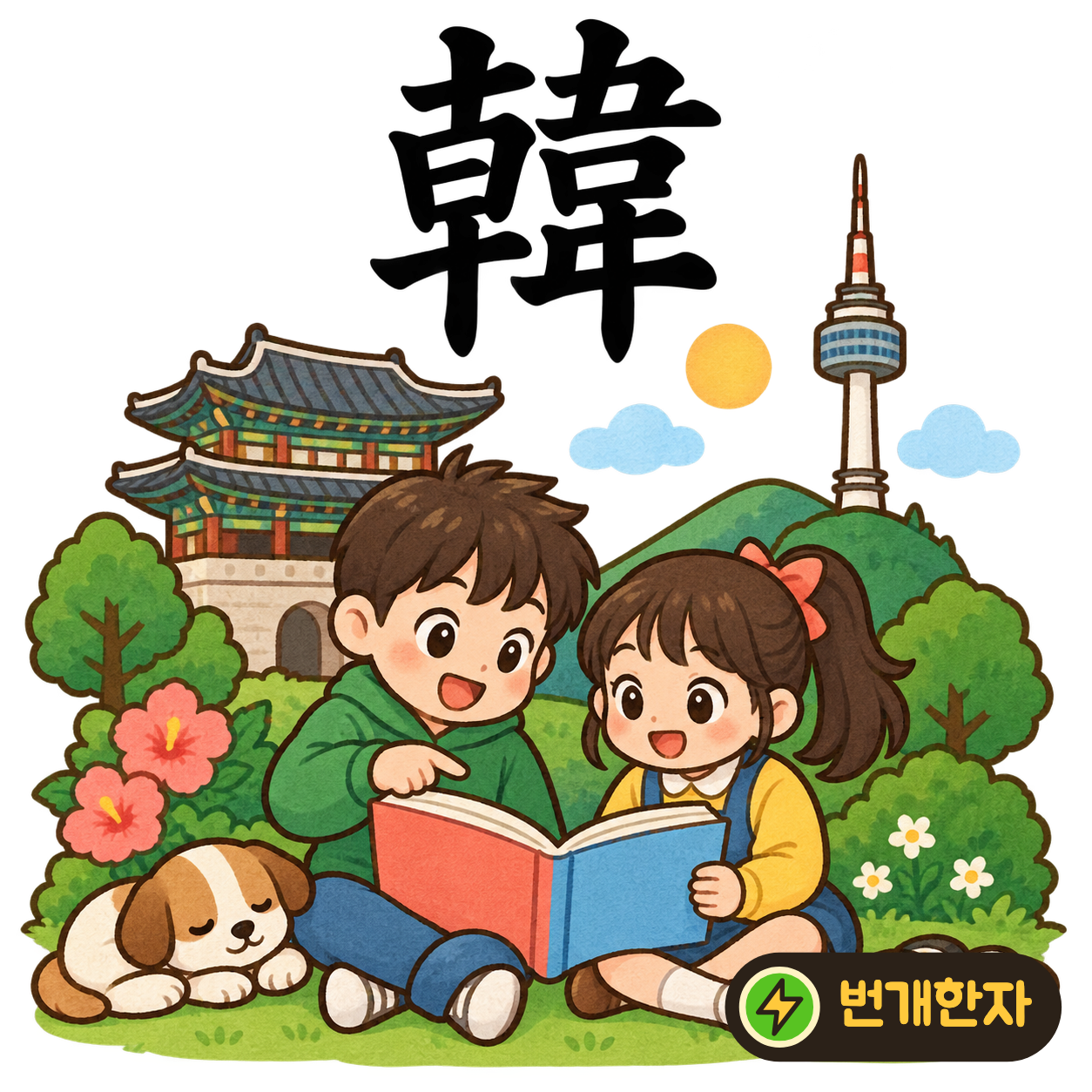 韓: 왼쪽에 日을 낀 획들, 오른쪽에 韋가 있어요. 나라 이름을 적은 깃발이 아침 햇살에 펼쳐진다고 상상해요. (기억 그림)