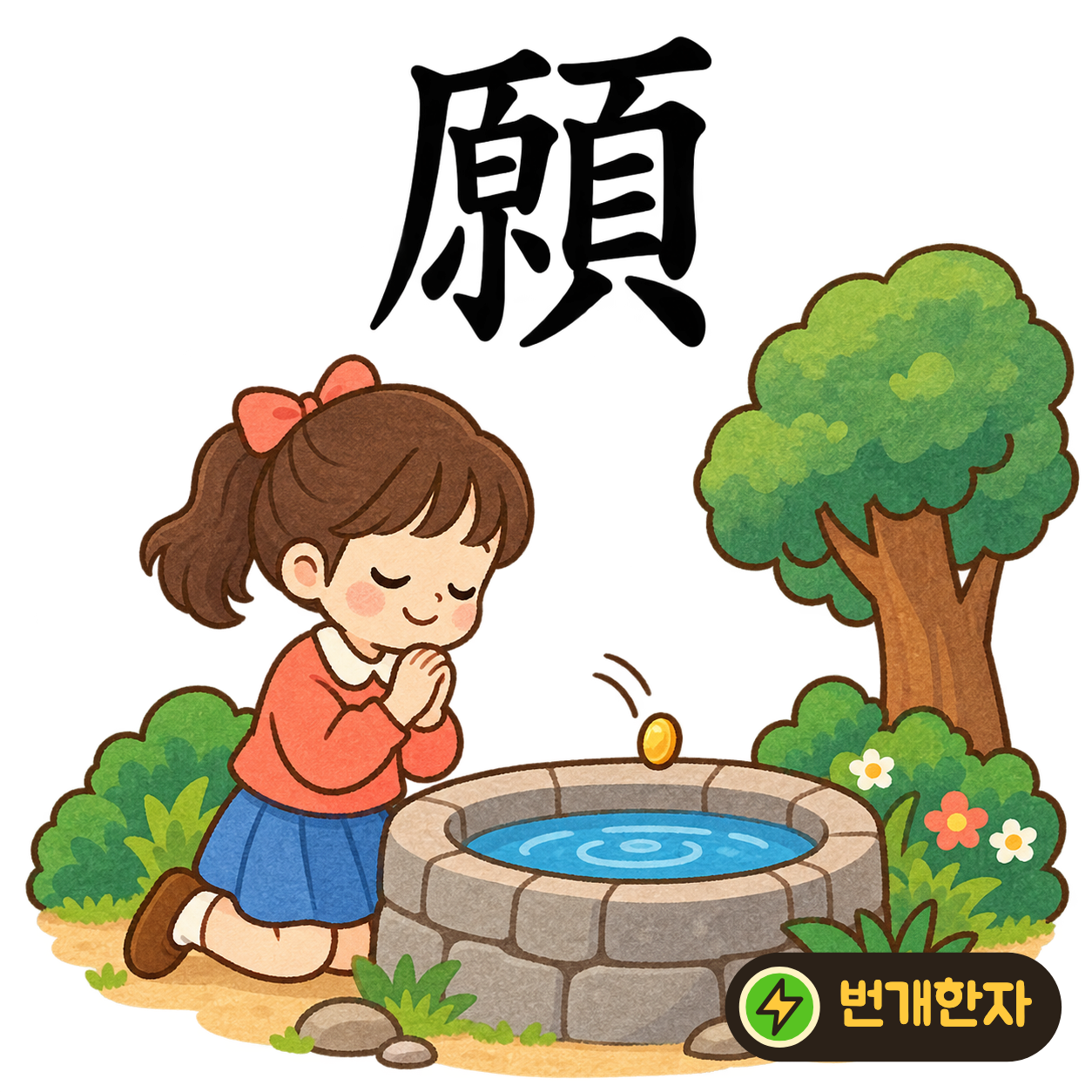 願: 언덕 原 옆에 머리 頁가 있어요. 언덕에 서서 고개를 들고 소원을 비는 모습을 상상해요. (기억 그림)