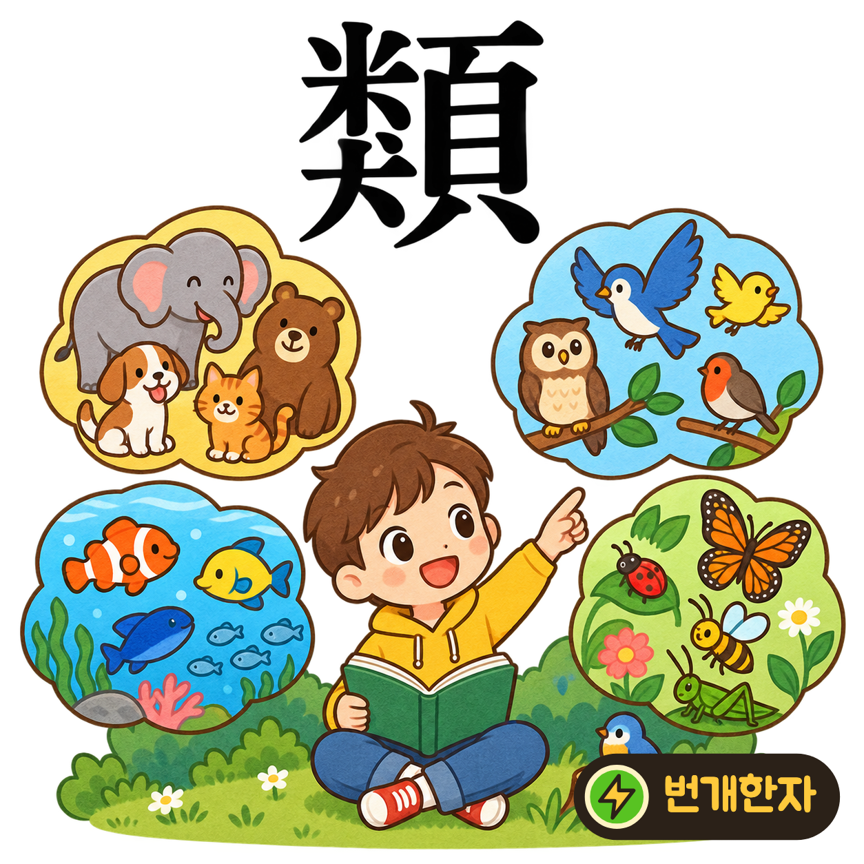 類: 왼쪽의 쌀 米와 개 犬 옆에 머리 頁가 있어요. 곡식과 동물을 머릿속에서 종류별로 나누어요. (기억 그림)