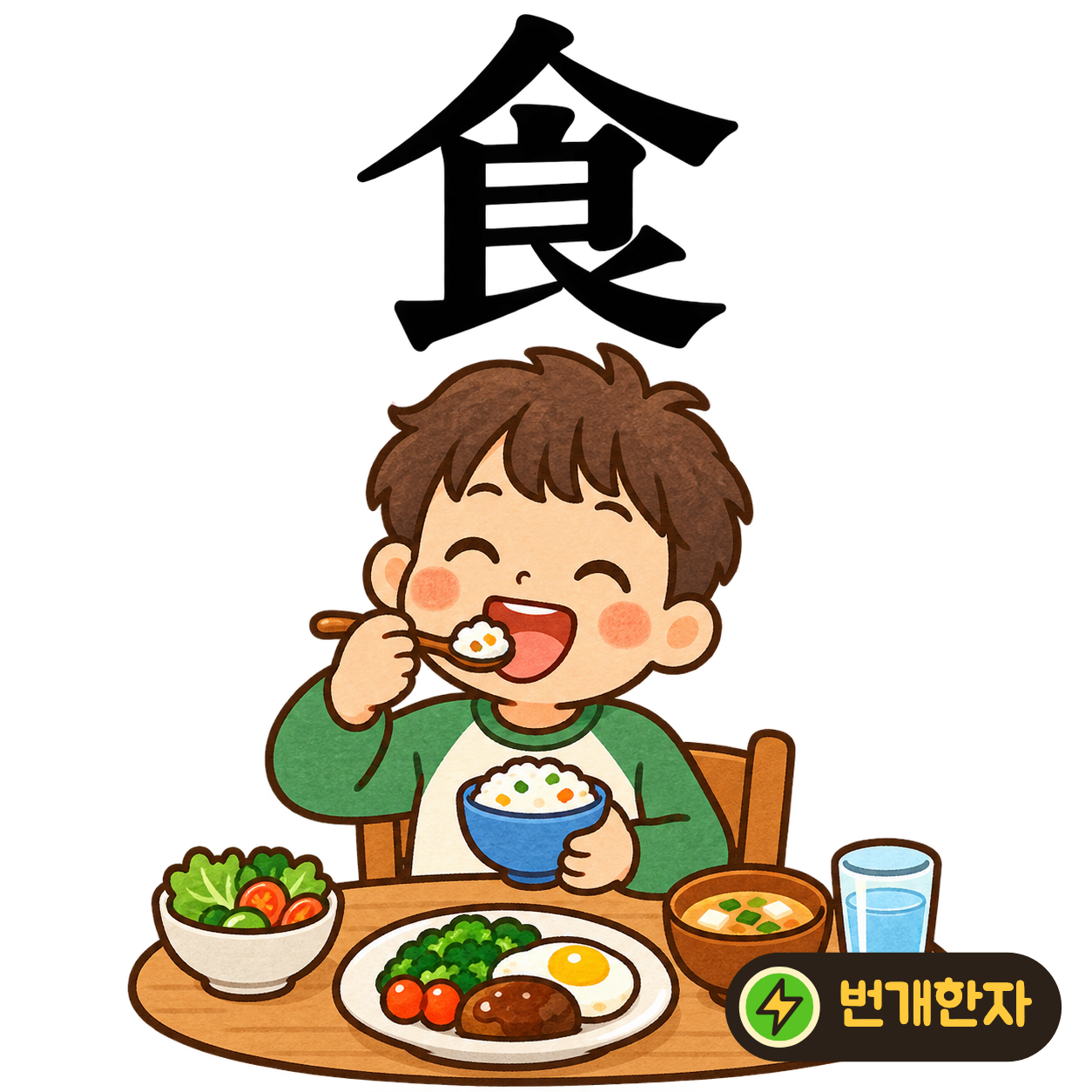 食: 지붕 같은 윗부분 아래에 良을 닮은 모양이 있어요. 밥그릇의 뚜껑을 열고 맛있게 먹는 모습이에요. (기억 그림)