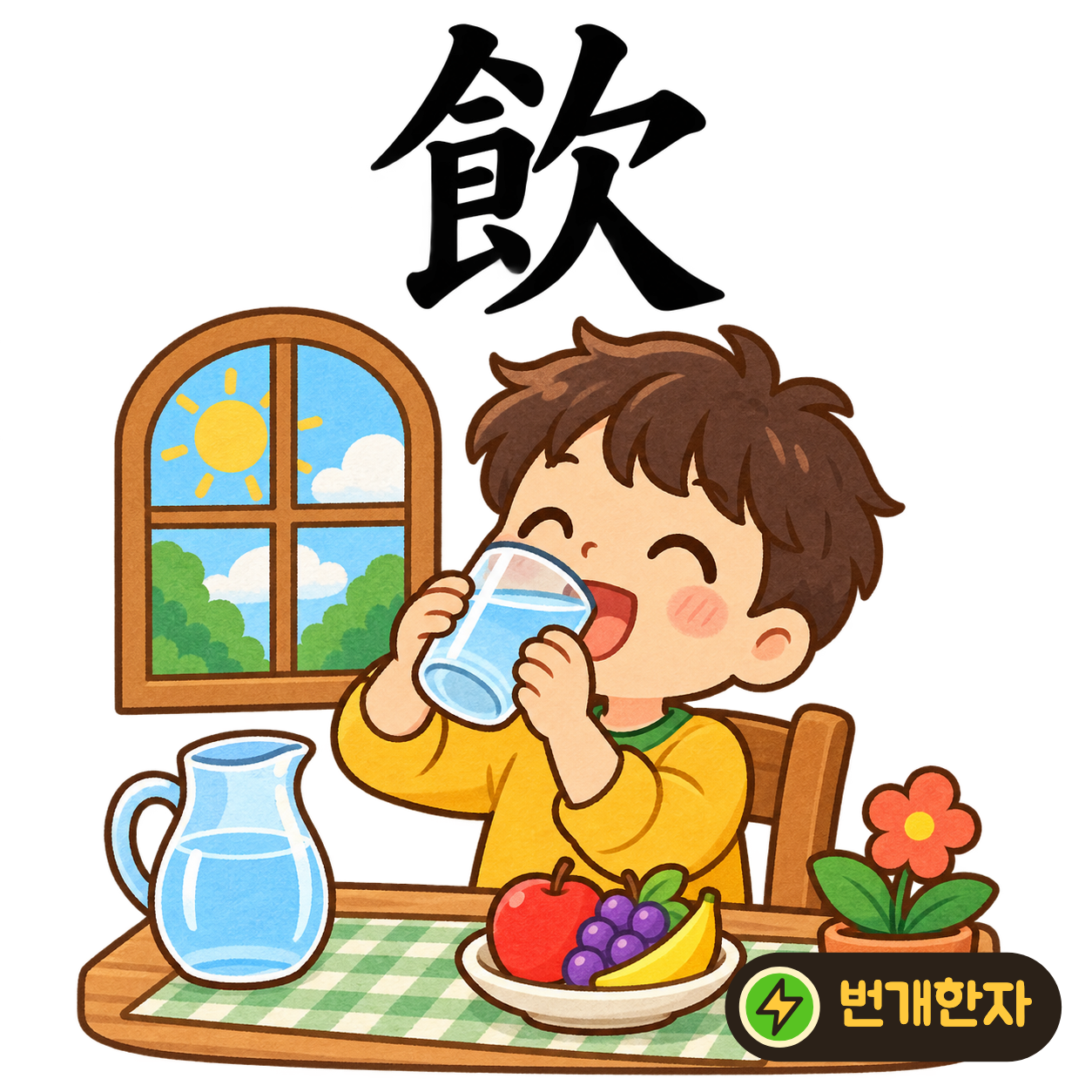 飮: 밥 食의 옆모양 옆에 欠이 있어요. 음식을 먹다가 입을 벌려 물을 마시는 모습이에요. (기억 그림)