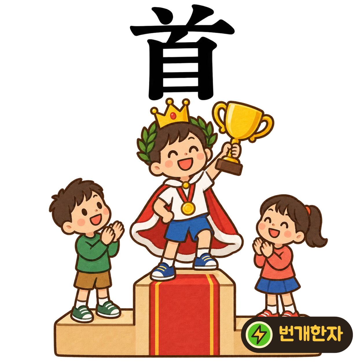 首: 윗부분의 벌어진 획 아래에 스스로 自가 있어요. 얼굴 위에 머리카락이 있는 머리를 상상해요. (기억 그림)