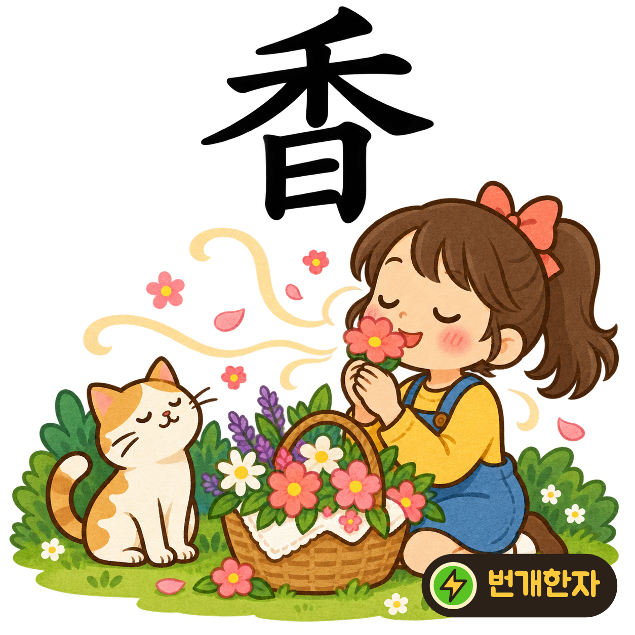 香: 곡식 禾 아래에 해 日이 있어요. 햇빛에 익은 곡식에서 고소한 향기가 나는 장면이에요. (기억 그림)