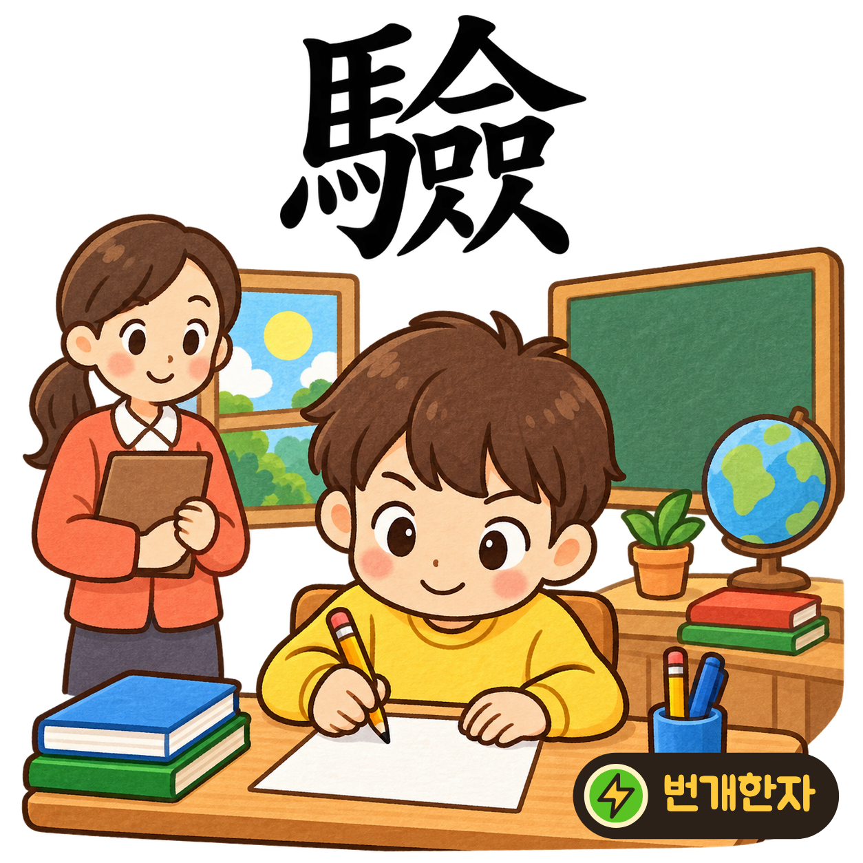 驗: 말 馬 옆에 僉이 있어요. 여러 말이 얼마나 잘 달리는지 시험하는 모습을 상상해요. (기억 그림)