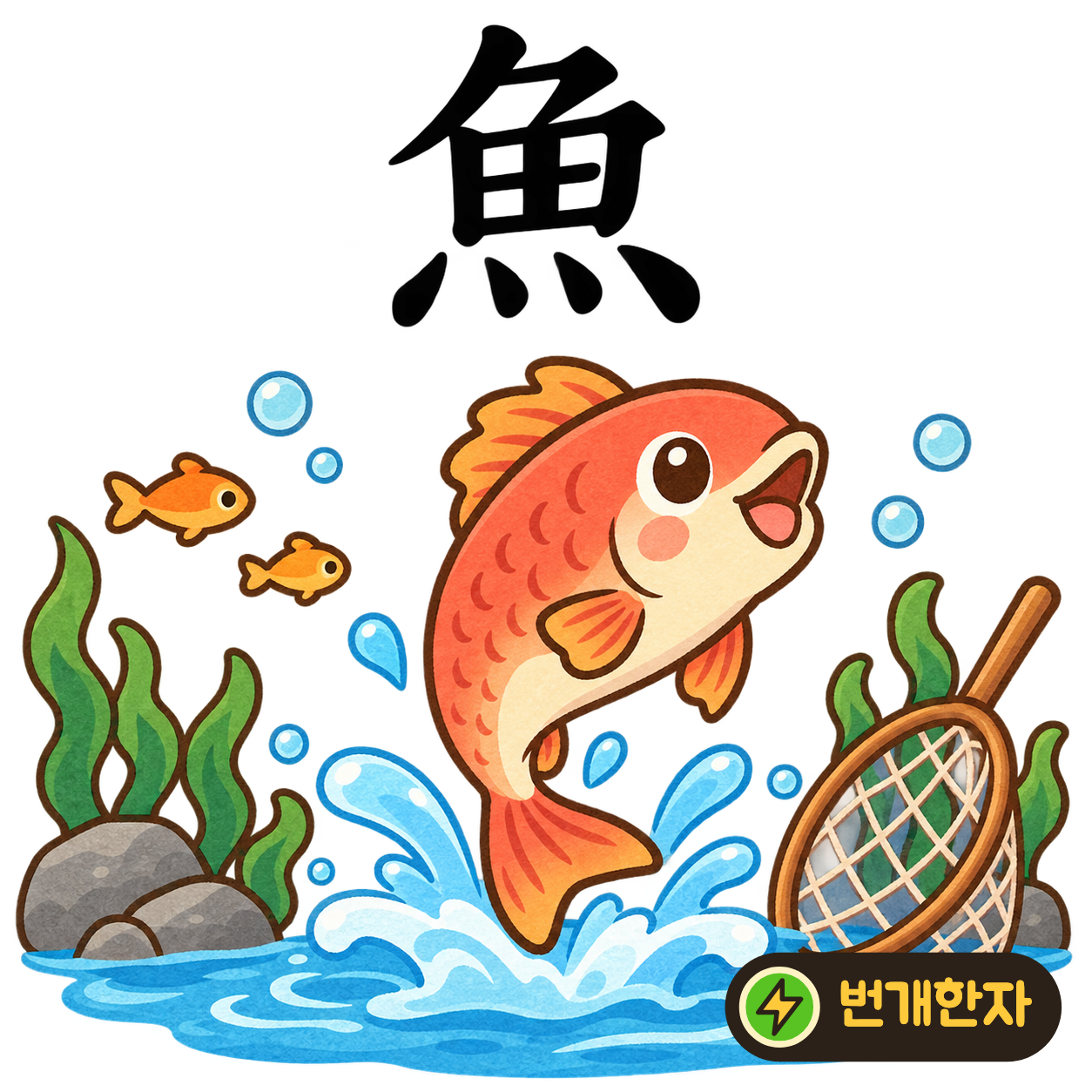 魚: 윗부분 아래에 밭 田 같은 몸통과 점 네 개가 있어요. 비늘과 지느러미가 있는 물고기를 상상해요. (기억 그림)
