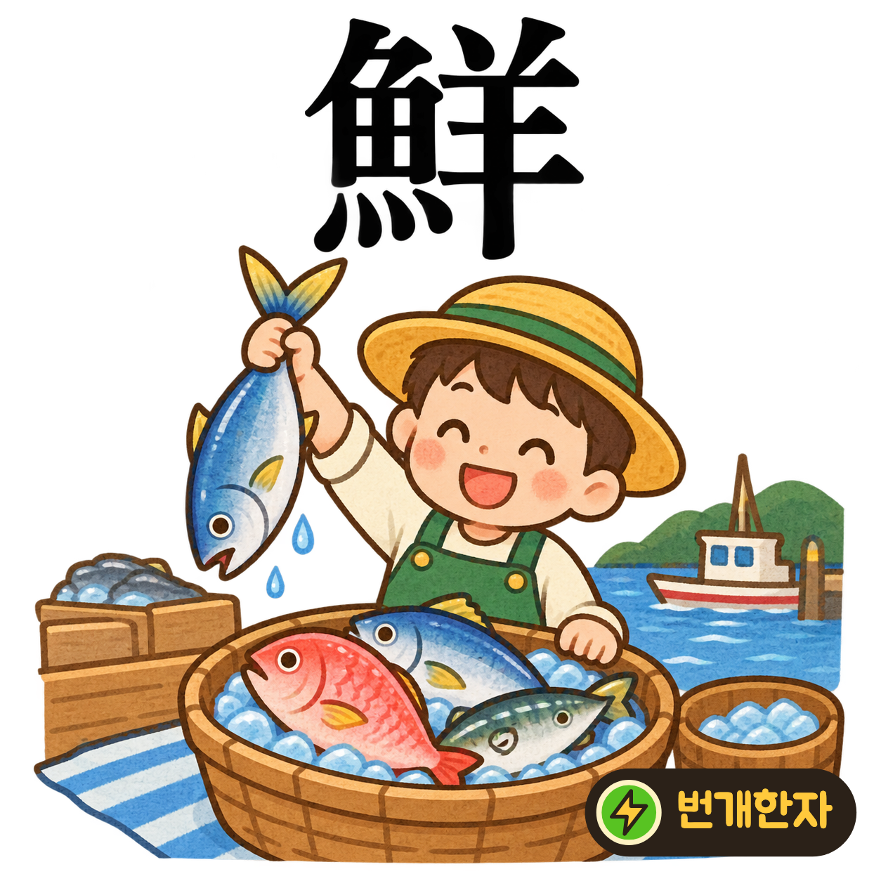 鮮: 물고기 魚 옆에 양 羊이 있어요. 물고기 비늘과 양털이 깨끗하고 곱게 빛나는 모습을 상상해요. (기억 그림)