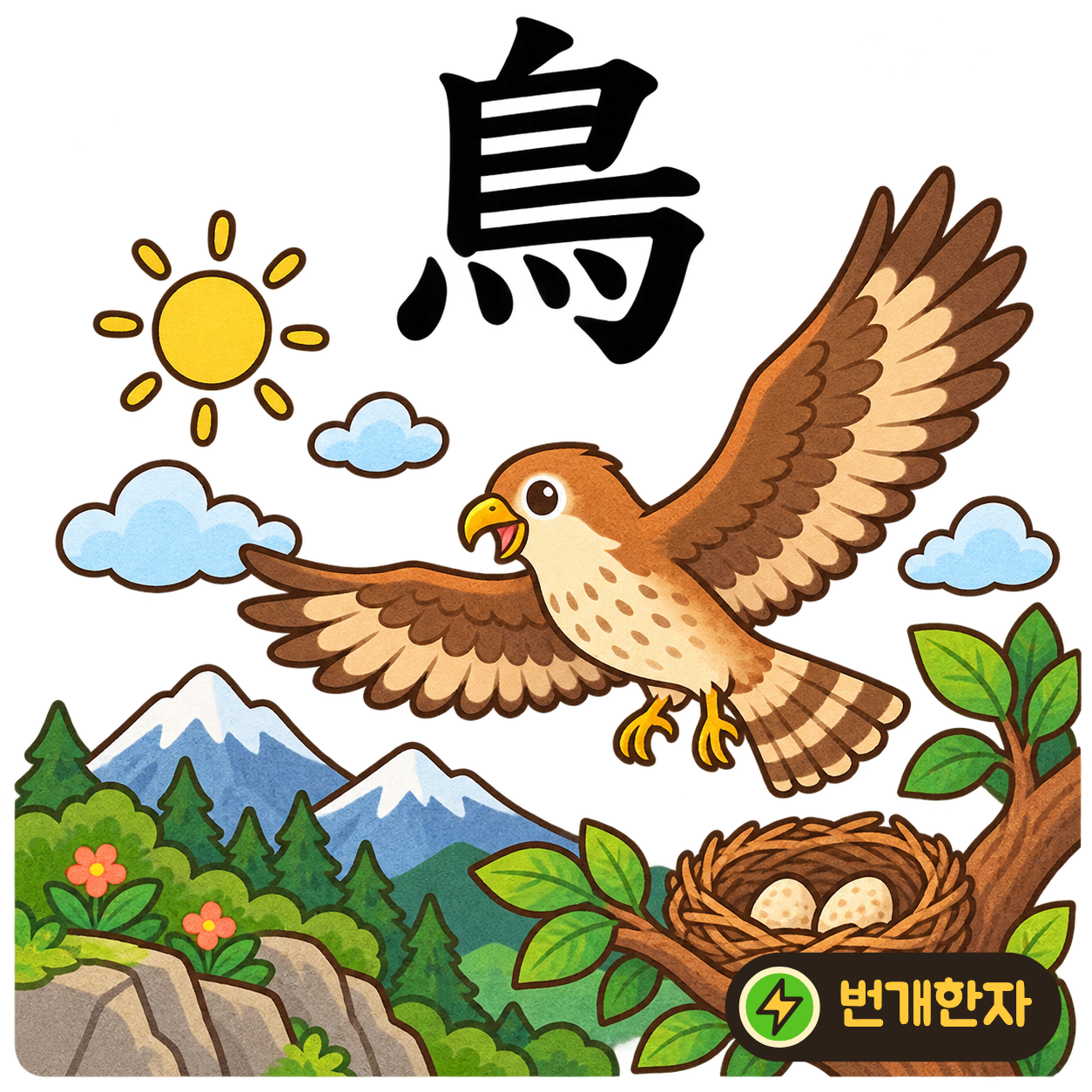 鳥: 길쭉한 윗부분 아래에 굽은 획과 점 네 개가 있어요. 깃털과 꼬리가 있는 새를 떠올려요. (기억 그림)