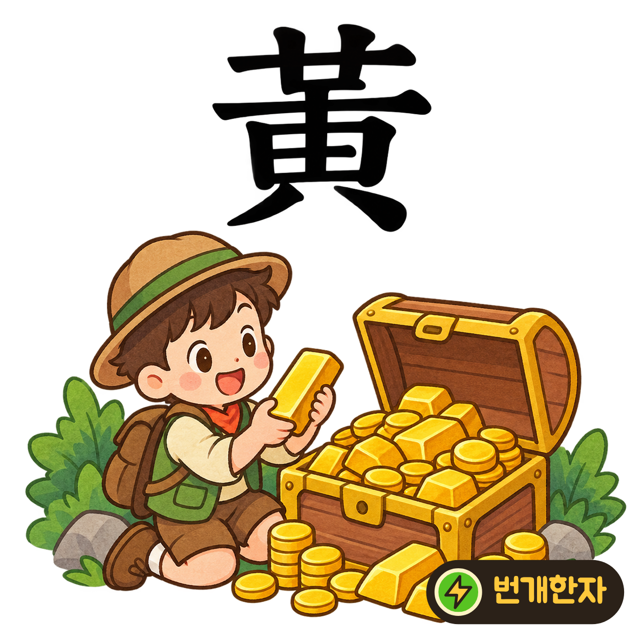 黃: 윗부분 아래에 由 같은 모양과 두 획이 있어요. 밭의 곡식이 노랗게 익어 고개를 숙인다고 상상해요. (기억 그림)