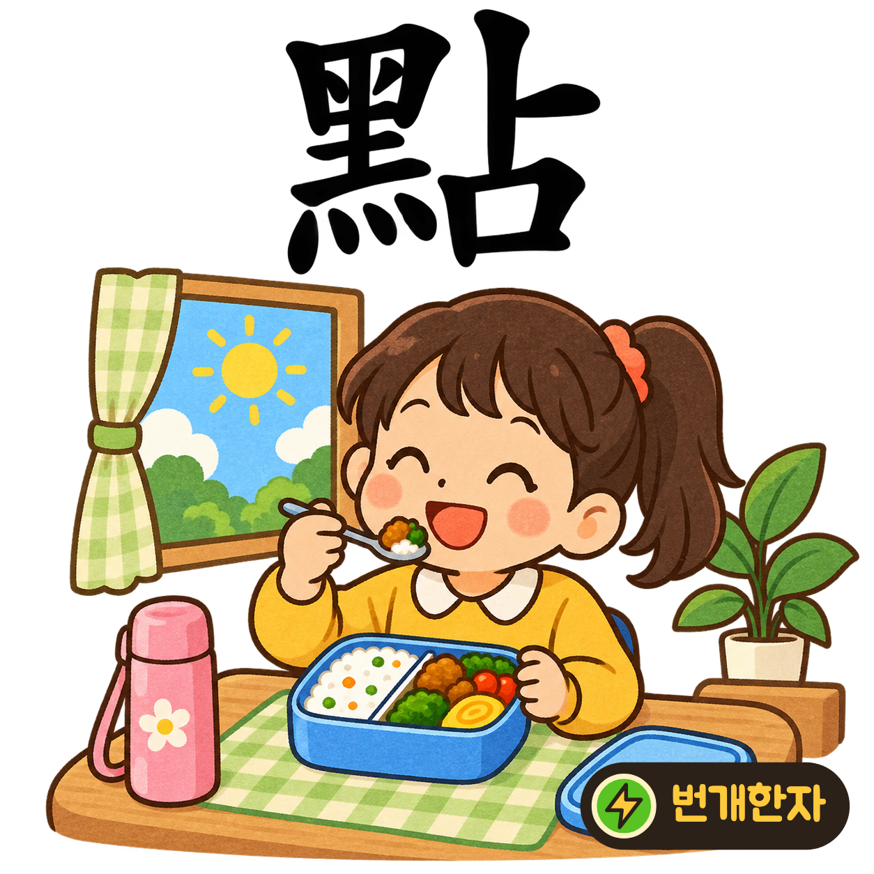 點: 검을 黑 옆에 占이 있어요. 검은 먹으로 작은 점을 찍어 표시하는 모습이에요. (기억 그림)